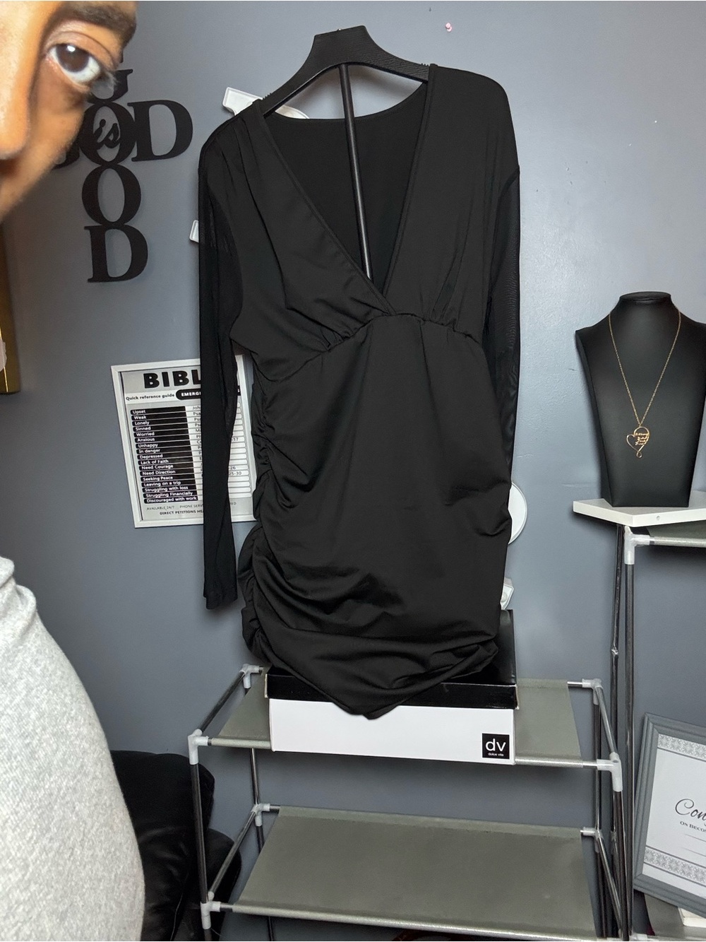 SHEIN Black Long Sleeve V-Neck Ruched Mini Dress